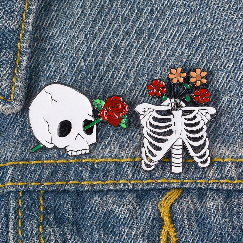 Wholesale In Stock Custom Horror Character Human Skeleton Flower Soft Enamel Hat Lapel Pin