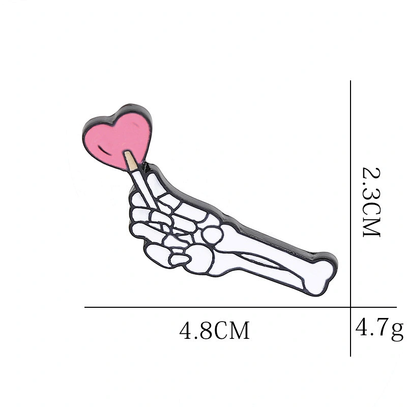 White Skeletal Hand Pin with Pink Heart Lapel Pin Badges