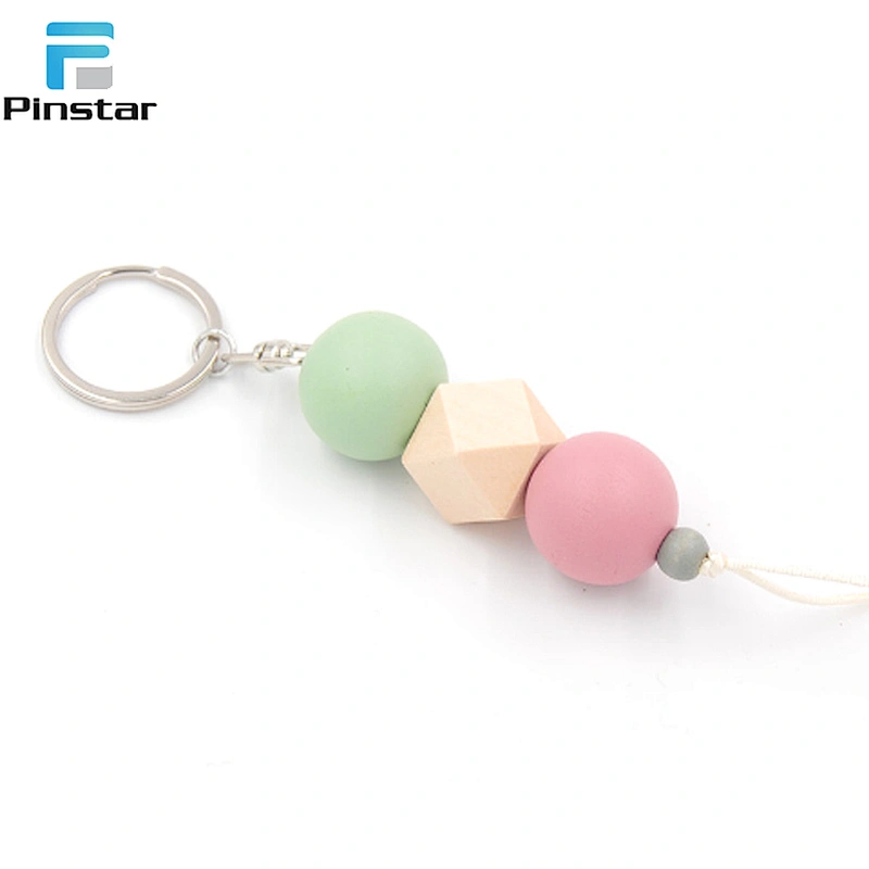 Fashion colorful round and eight angles shaped wooden bead cute key chain