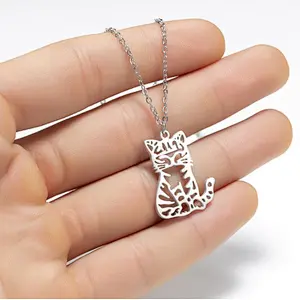 Stainless Steel Women Gold Silver Cat Necklace Pendant