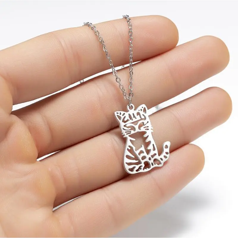 Stainless Steel Women Gold Silver Cat Necklace Pendant