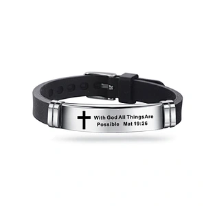 Christian Bible Scripture Bracelet Stainless Steel Love Never Fails Silicone Strap Men Silver Bracelets