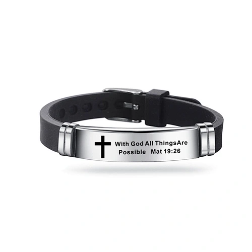 Christian Bible Scripture Bracelet Stainless Steel Love Never Fails Silicone Strap Men Silver Bracelets