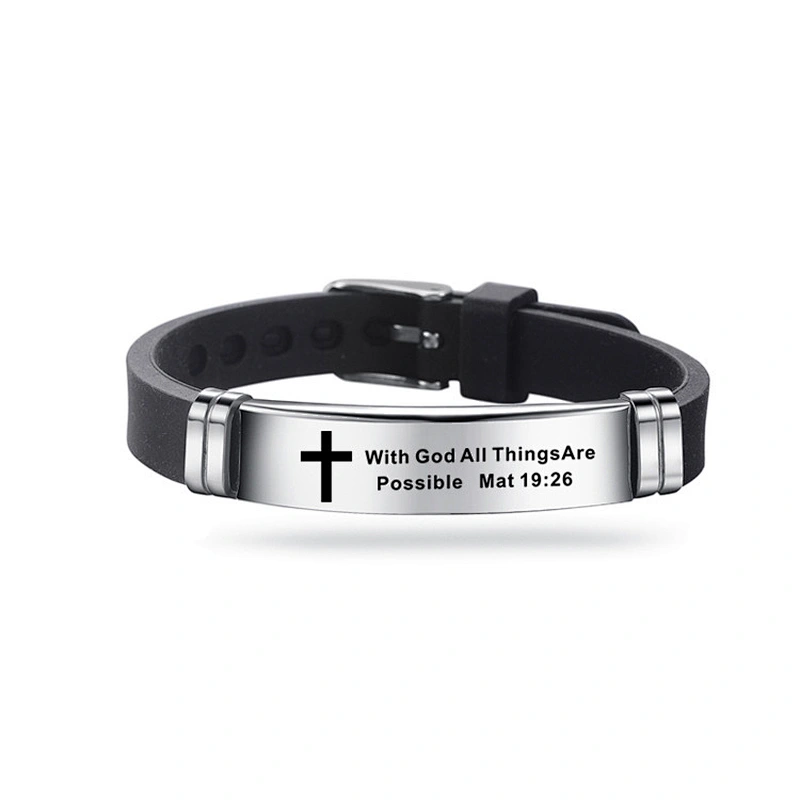 Christian Bible Scripture Bracelet Stainless Steel Love Never Fails Silicone Strap Men Silver Bracelets