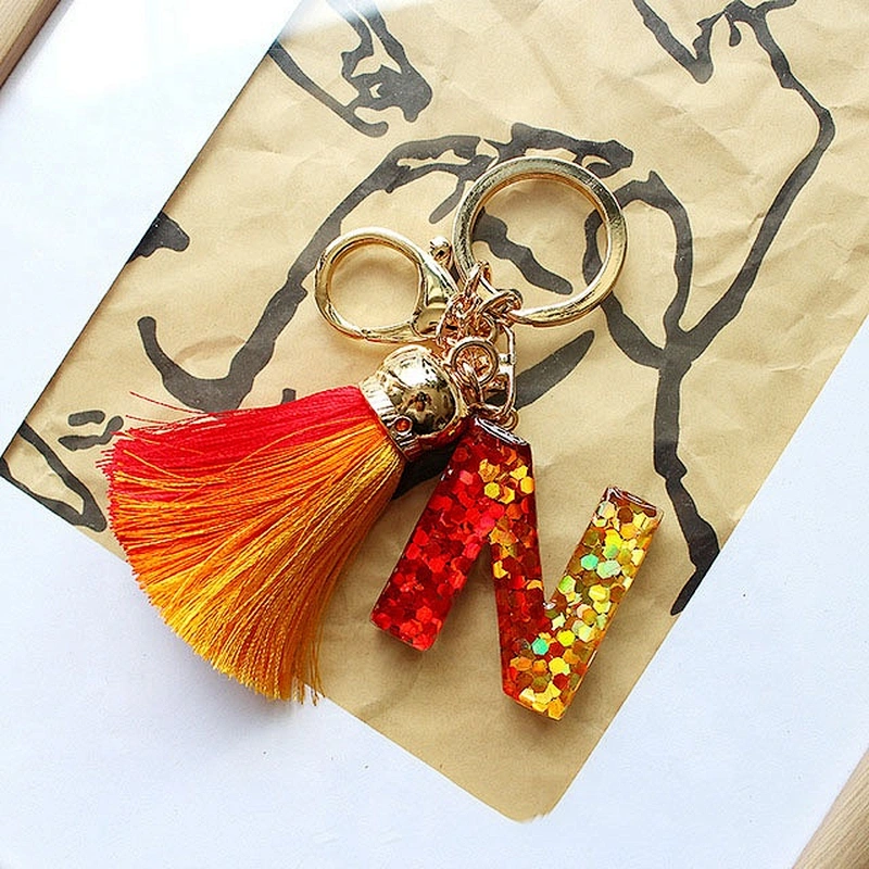 Custom letters keychain glitter drip drops resin handbag charms tassel acrylic keyring