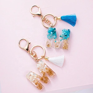 Gradient colors gold foil filling English letters keyring tassel crystal acrylic keychain