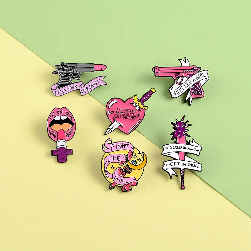 Fight like a girl lipstick gun heart shape feminism lapel pins