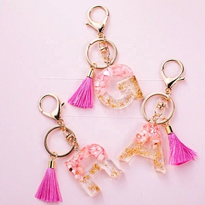 Gradient rainbow colors Enghlish letters shape pink tassel keyring acrylic keychain