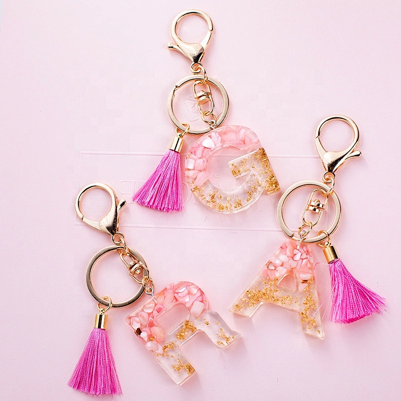 Gradient rainbow colors Enghlish letters shape pink tassel keyring acrylic keychain