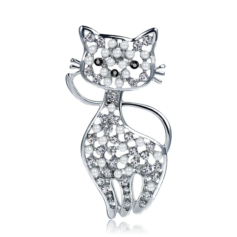 Cute Female Fashion Kitten Pearl Crystal Brooch Birthday Gift