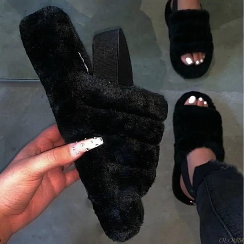 Slope Heel Platform Slippers Female Women's Fluffy Warm slippers