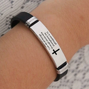 Christian Bible Scripture Bracelet Stainless Steel Love Never Fails Silicone Strap Men Silver Bracelets