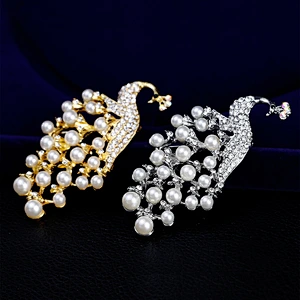Big Peacock Brooch White Pearl Brooch with Safety Pin