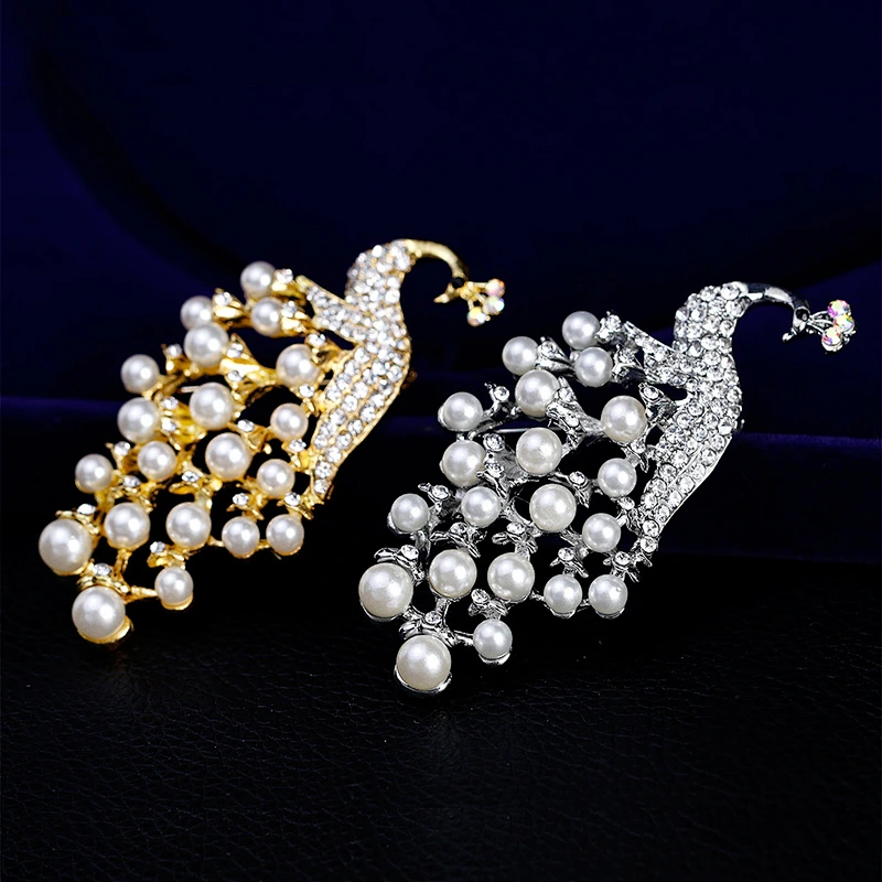 Big Peacock Brooch White Pearl Brooch with Safety Pin