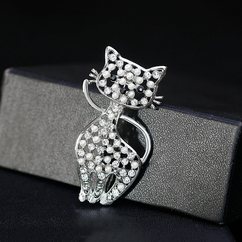 Cute Female Fashion Kitten Pearl Crystal Brooch Birthday Gift