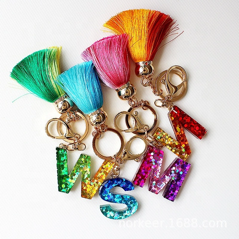Custom letters keychain glitter drip drops resin handbag charms tassel acrylic keyring