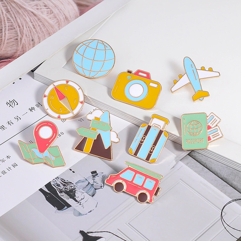 Map Compass Airplane Pin Cartoon Road Sign Camera Earth Custom Travel Clothes Lapel Pins Enamel