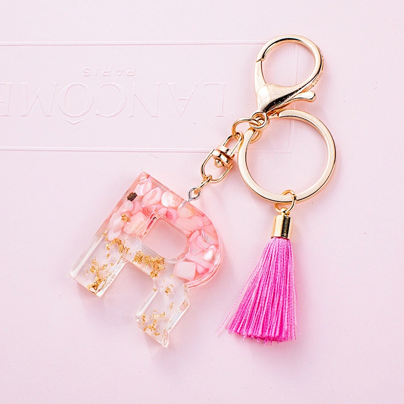 Gradient rainbow colors Enghlish letters shape pink tassel keyring acrylic keychain