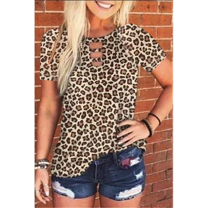 Round Neck Tie Dye T Shirts Leopard Print Short Sleeve Girls' T-shirt Women T Shirt