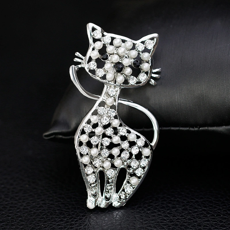 Cute Female Fashion Kitten Pearl Crystal Brooch Birthday Gift