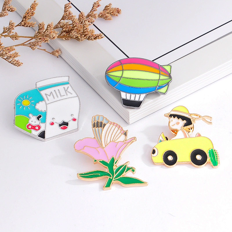 Cute Korean Girl Flower Pins Brooch Milk Box Colorful Hot Air Balloon Enamel Pin Badge Custom