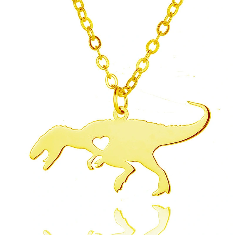 Cute Dinosaur with Heart Love Animal Stainless Steel Gold Plated Necklace Men Pendant