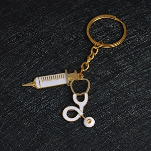 Syringe stethoscope gold keyring medical keychains