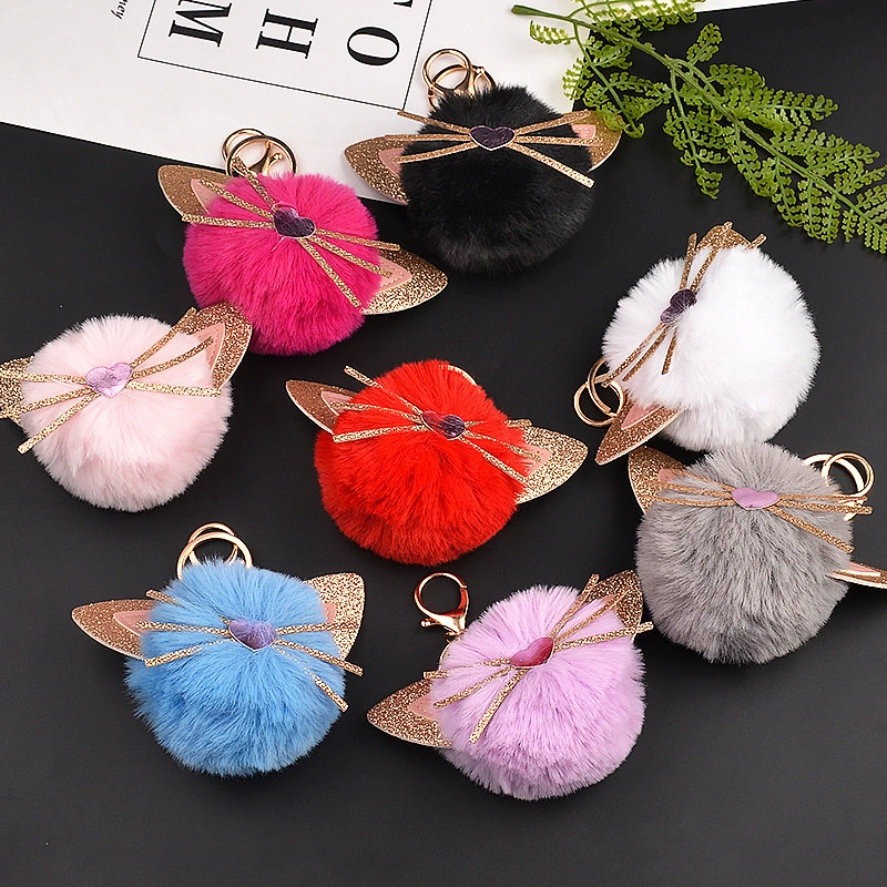 Cute Kitten Plush Key Chain Animal Cat Girl Fur Ball Pom Pom Keychain Pendant