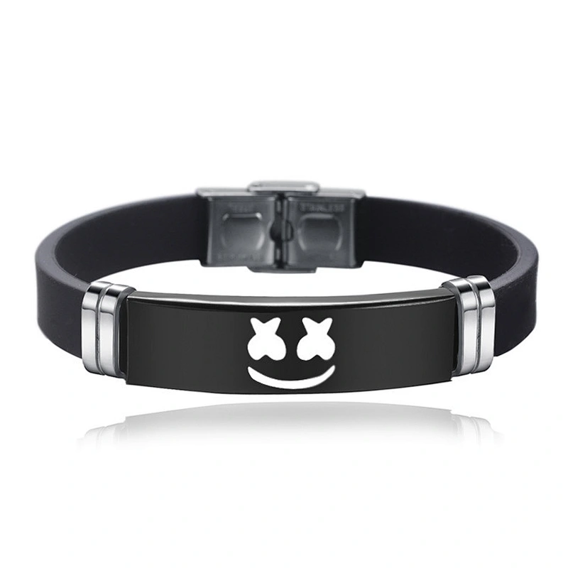 Stainless Steel DJ Marshmello Leather Bracelets Black Silicone Adjustable Bracelet for Men