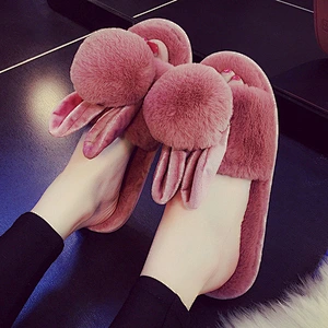 Indoor Bowknot Plush Slippers Female Women's Furry Slippers