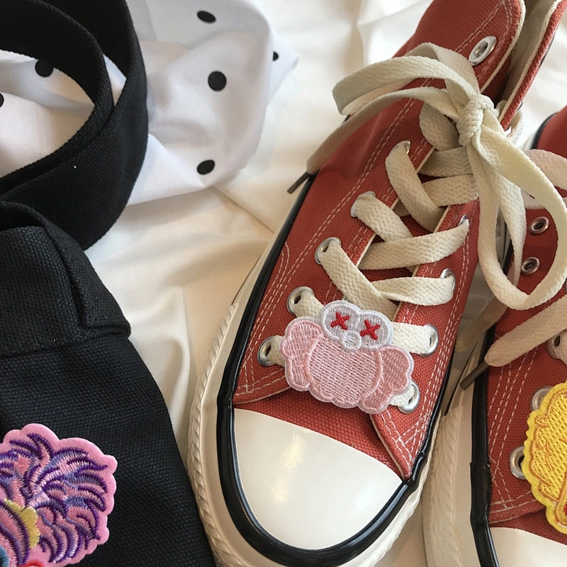 Sneakers canvas shoes lace decoration blue red cute bear embroidery patches