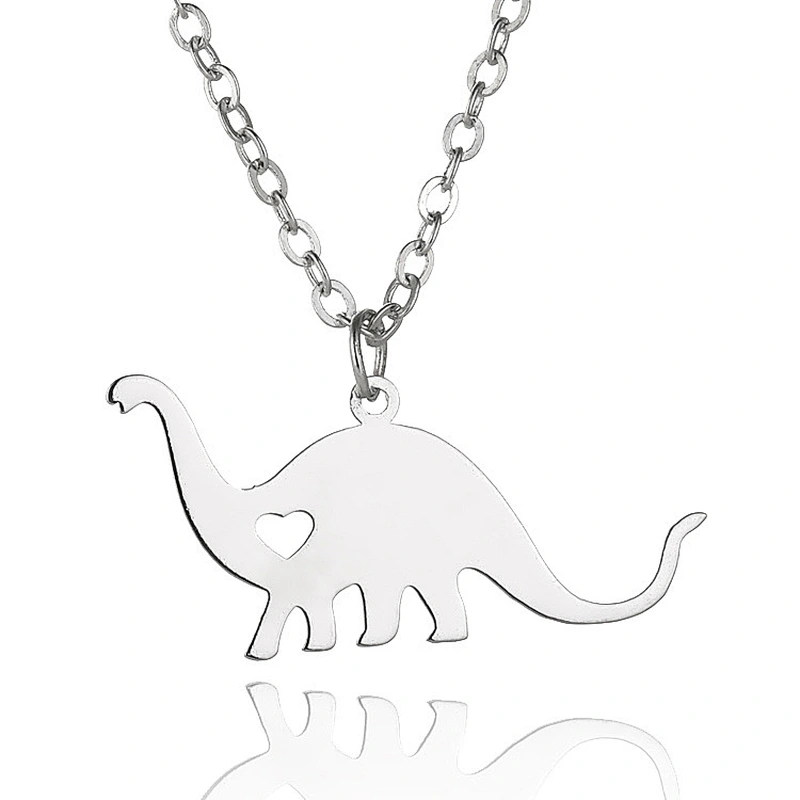 Cute Dinosaur with Heart Love Animal Stainless Steel Gold Plated Necklace Men Pendant