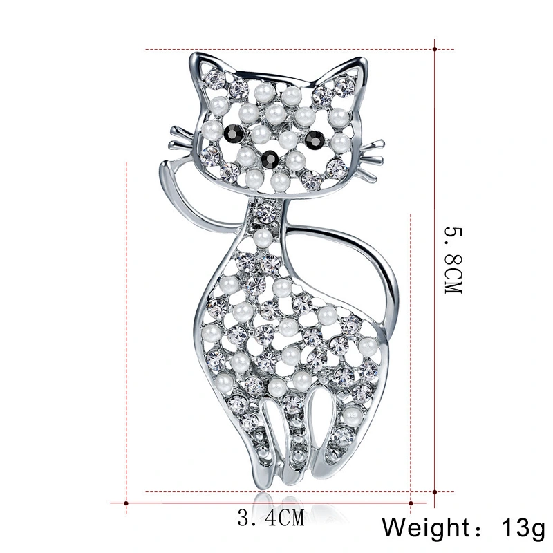 Cute Female Fashion Kitten Pearl Crystal Brooch Birthday Gift