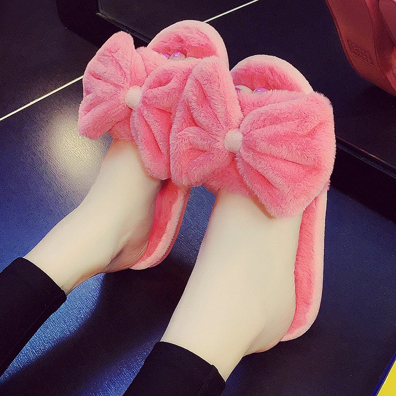 Indoor Bowknot Plush Slippers Female Women's Furry Slippers
