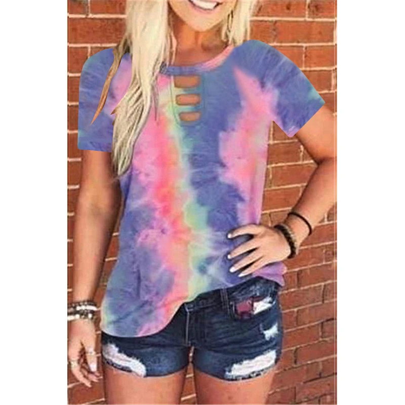 Round Neck Tie Dye T Shirts Leopard Print Short Sleeve Girls' T-shirt Women T Shirt