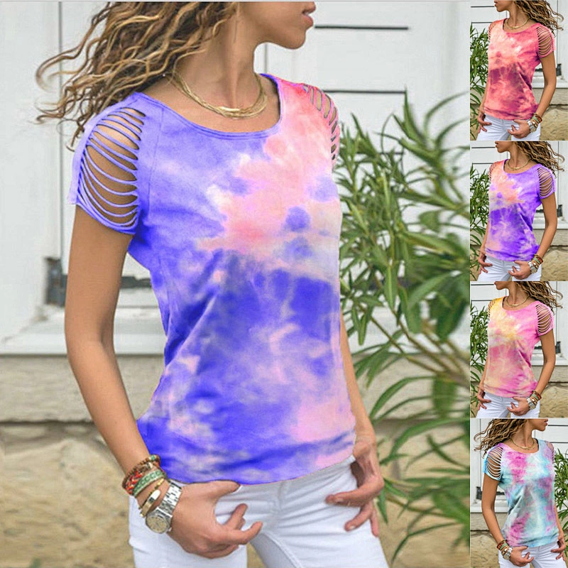 Tie dye T Shirts Ripped Short Sleeve T-shirt Women