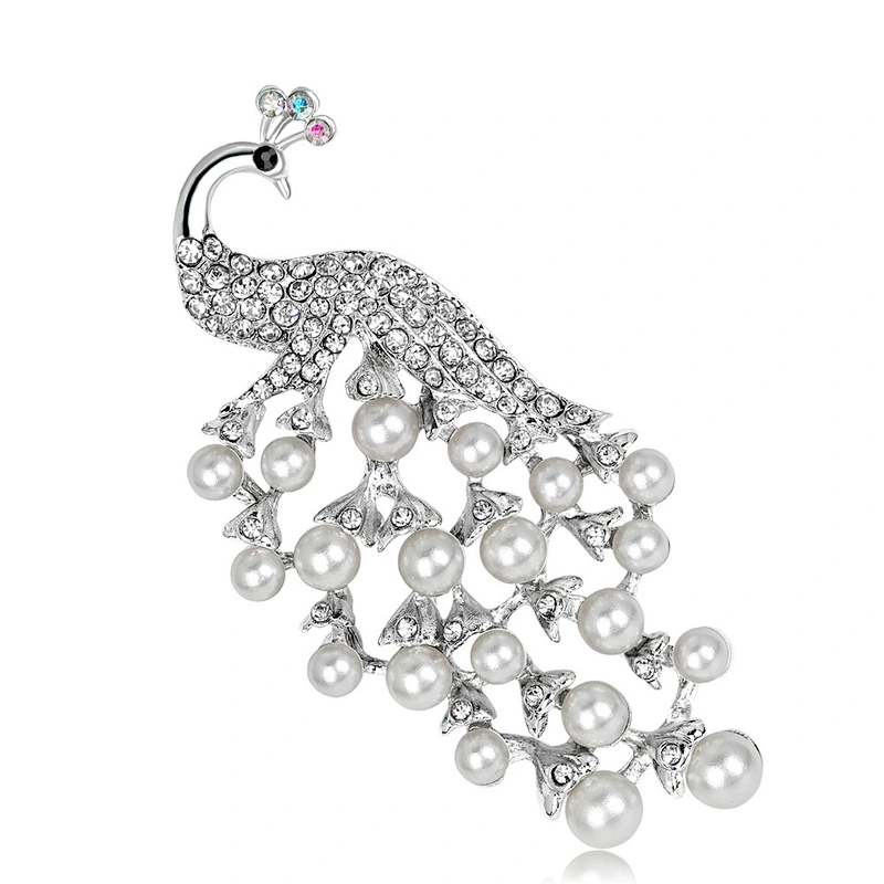 Big Peacock Brooch White Pearl Brooch with Safety Pin