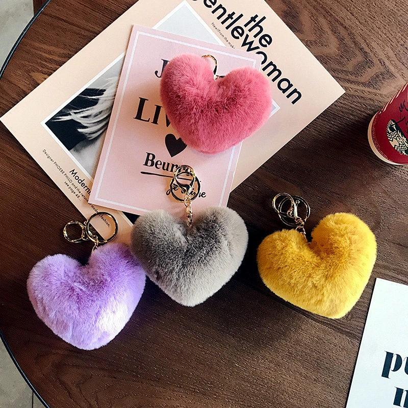Different Color Versions Heart Keychain Pink Heart Pom Pom Keychains