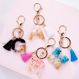 9 different letters shape gradient blue color gold foil tassel keyring crystal acrylic keychain