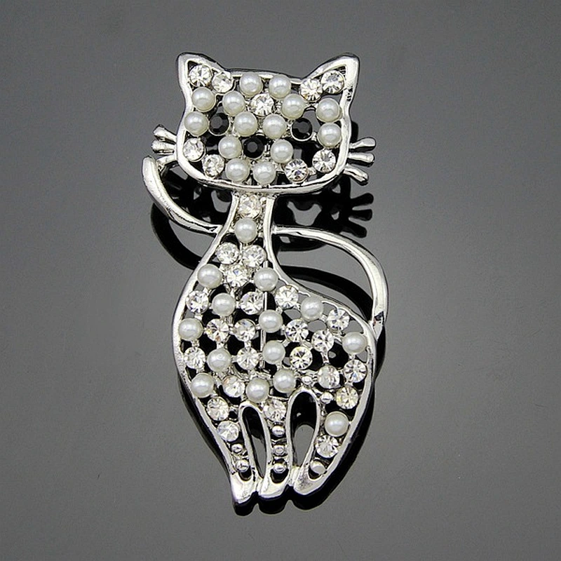 Cute Female Fashion Kitten Pearl Crystal Brooch Birthday Gift