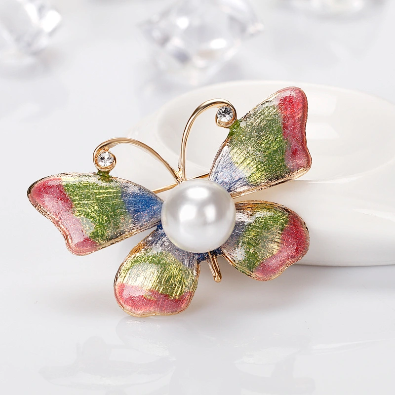 Colorful Fashion Butterfly Brooch with Pearl for Women