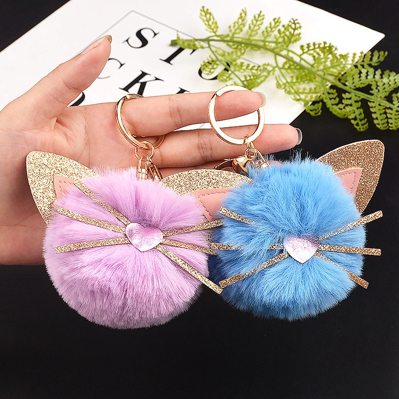 Cute Kitten Plush Key Chain Animal Cat Girl Fur Ball Pom Pom Keychain Pendant
