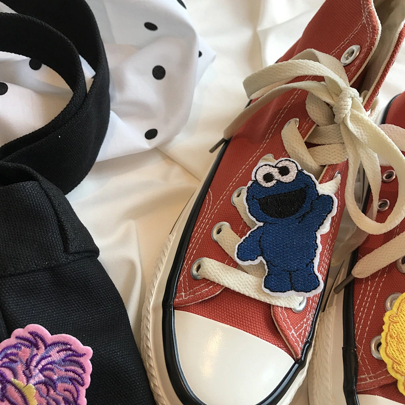 Sneakers canvas shoes lace decoration blue red cute bear embroidery patches