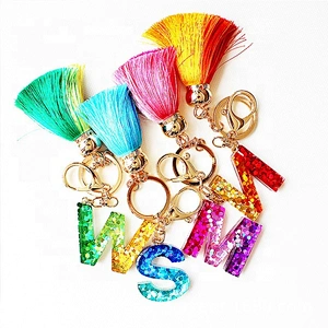 Custom letters keychain glitter drip drops resin handbag charms tassel acrylic keyring