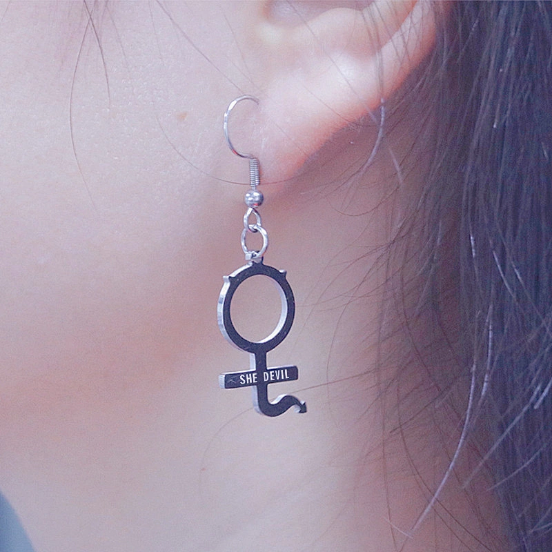Hot Sale European and American Punk Style SHE DEVIL Earrings Stainless Steel INTERNET GIRL Ear Hooks