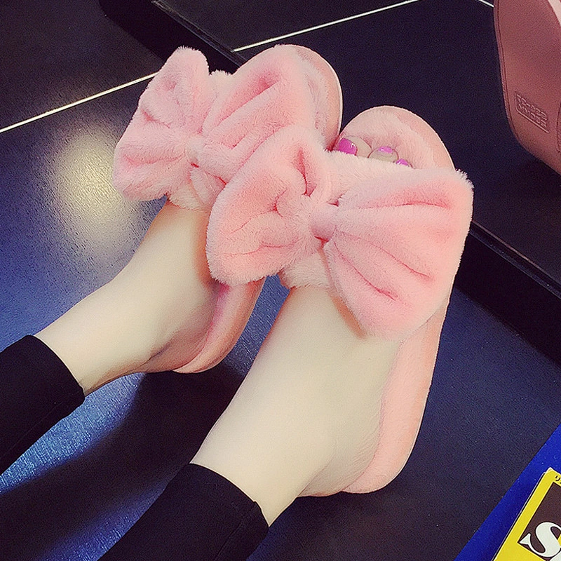 Indoor Bowknot Plush Slippers Female Women's Furry Slippers