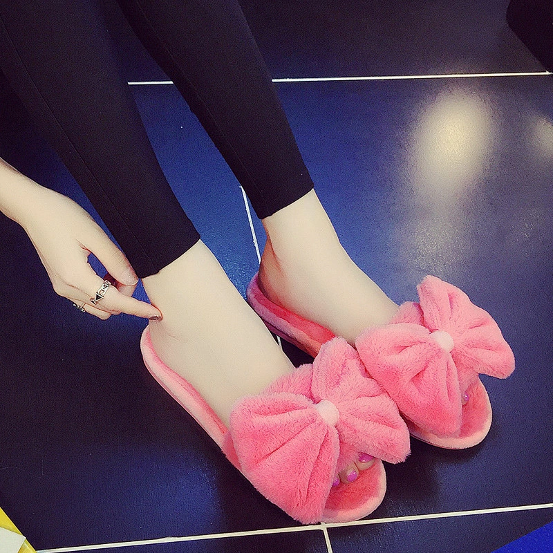 Indoor Bowknot Plush Slippers Female Women's Furry Slippers