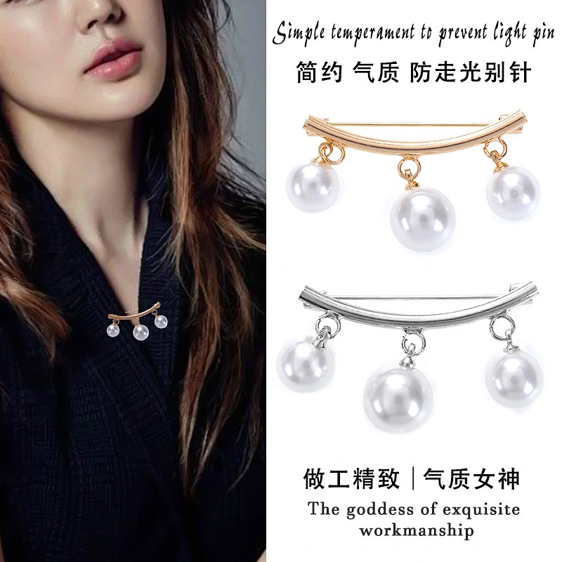 Korean Fashion Simple Pearl Brooch V Type Neck Safety Pin Brooch with Pearl