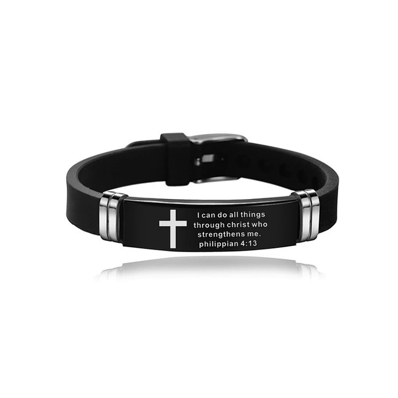 Christian Bible Scripture Bracelet Stainless Steel Love Never Fails Silicone Strap Men Silver Bracelets