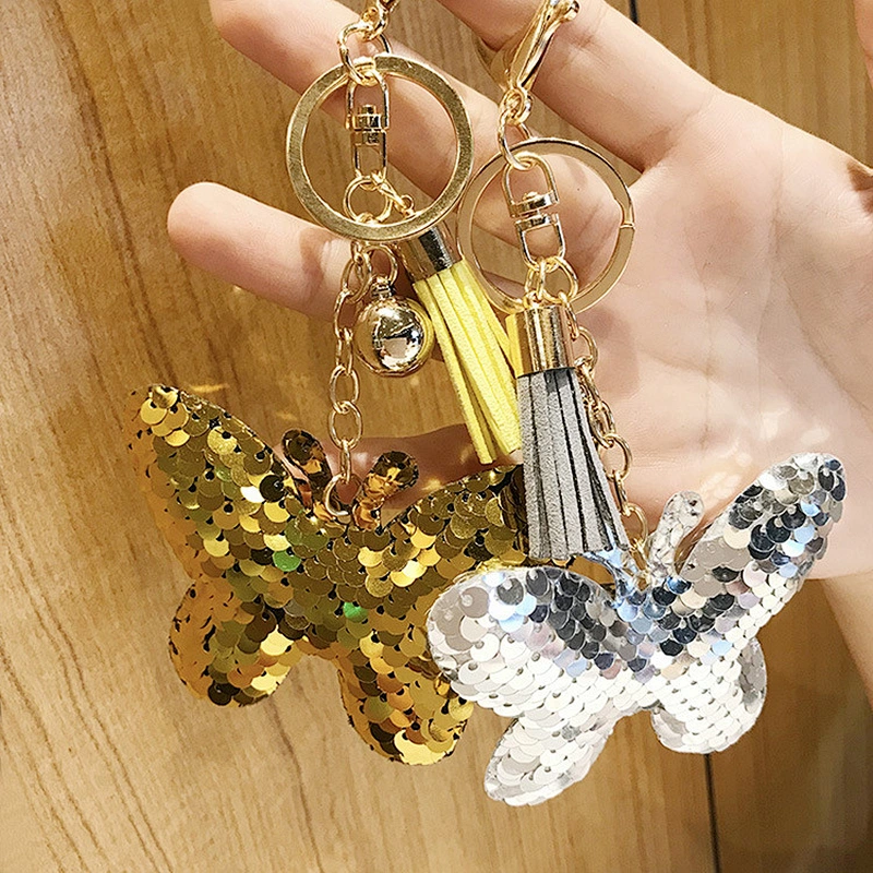 Double-sided Reflective Sequin Butterfly Tassel Keychain Pendant